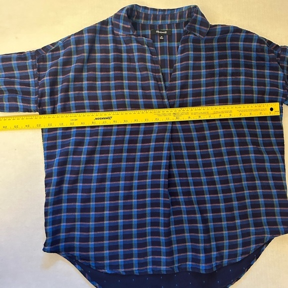 Madewell women’s short sleeve blue plaid shirt w/banded sleeves Sz-XS. Y8 - Picture 8 of 8